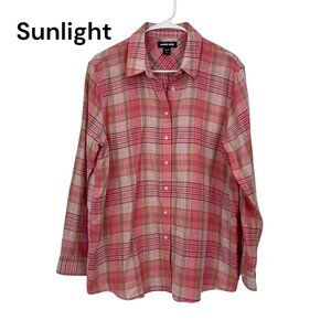 Lands End Womens Pink Plaid Button-Down Shirt Size XL 100% Cotton Woven knit